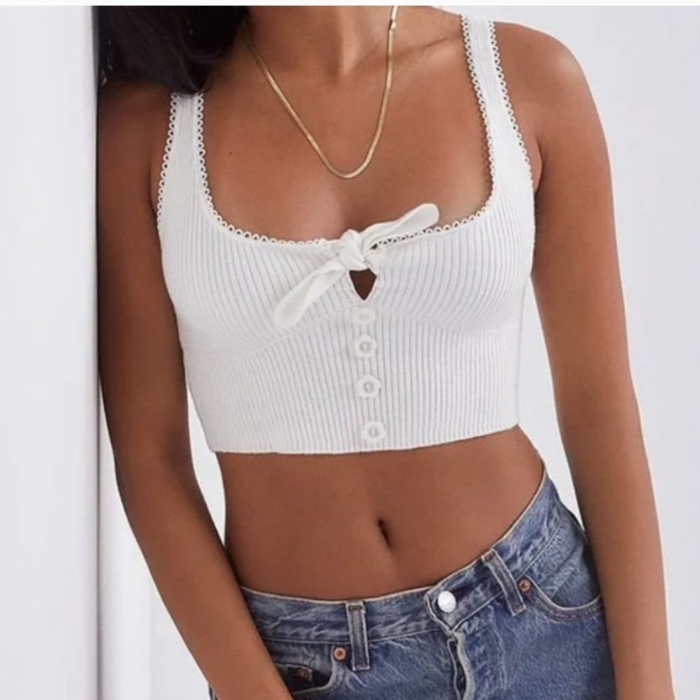 For Love And Lemons White Pointelle Ribbed Cropped Tank Top with Bow Size XS NWT